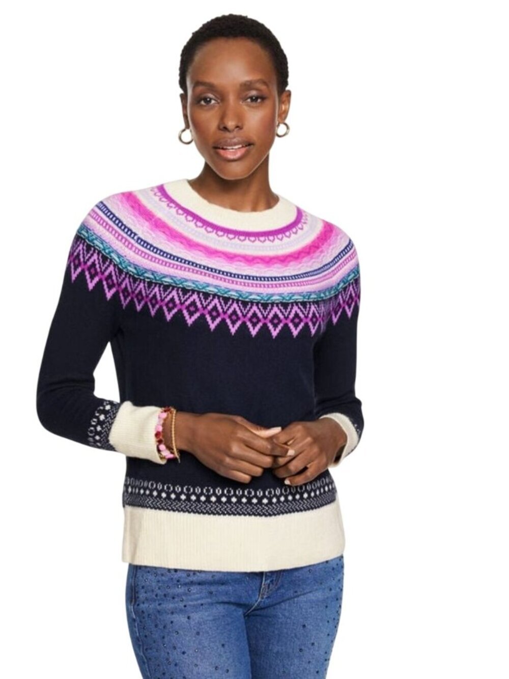 Talbots Crewneck Sweater Float Fair Isle Yoke 2025 Wool Cotton Blend Size Mp